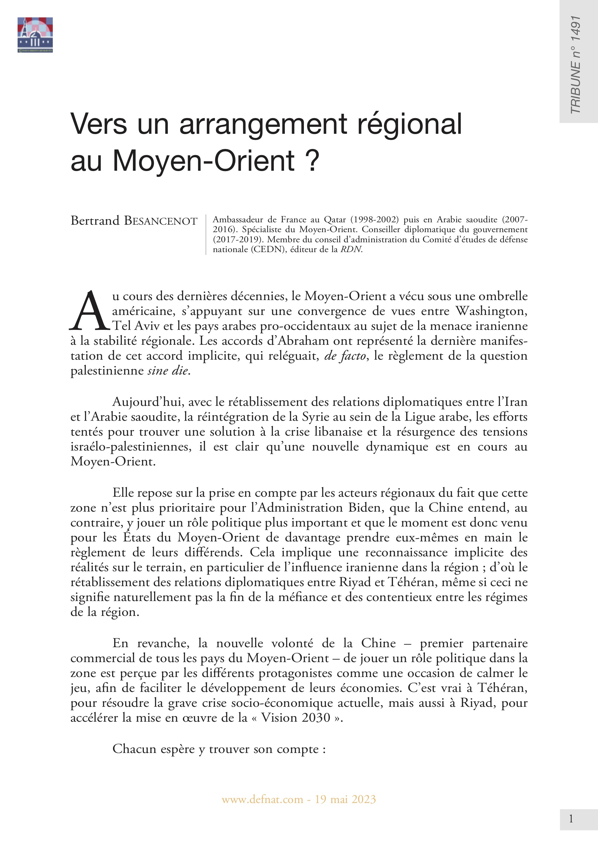 Vers un arrangement régional au Moyen-Orient ? (T 1491)
